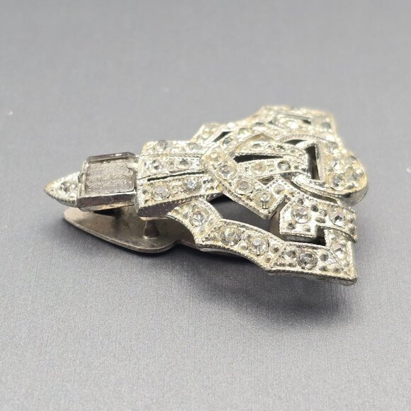 Vintage Art Deco Rhinestone Dress Clip 1.5" Silver Tone Estate Jewelry Cutouts - Picture 2 of 9